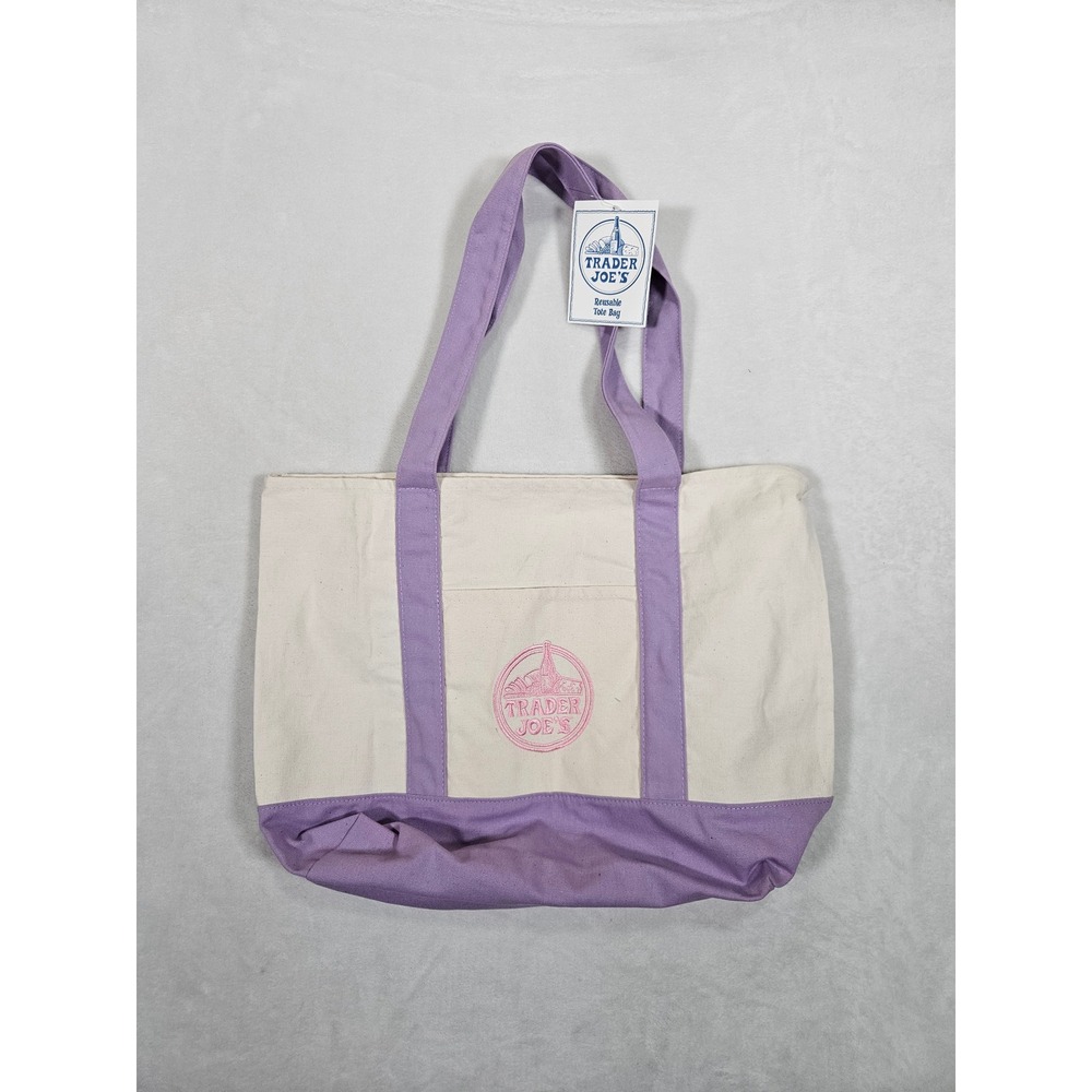 Trader Joe's Reusable Canvas Tote Bag Lavender Purple Cream Pink Logo NWT